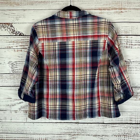 Womens Ms Lee Red Navy Plaid Button Up Lightweight Jacket 3/4 Sleeve Cotton PL - Picture 2 of 7